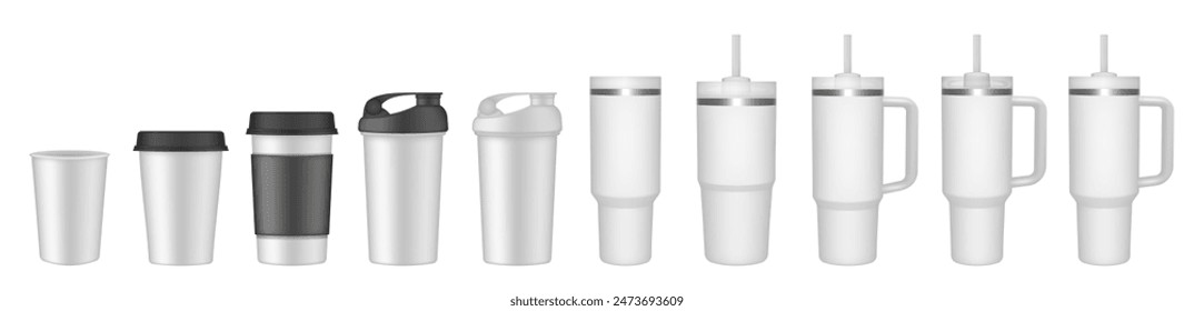 Thermo cup with handle and straw. 20, 30, 40 oz. Travel thermos. Set of white mugs. Tumbler. Sport shaker,. Paper cup with plastic lid and cupholder