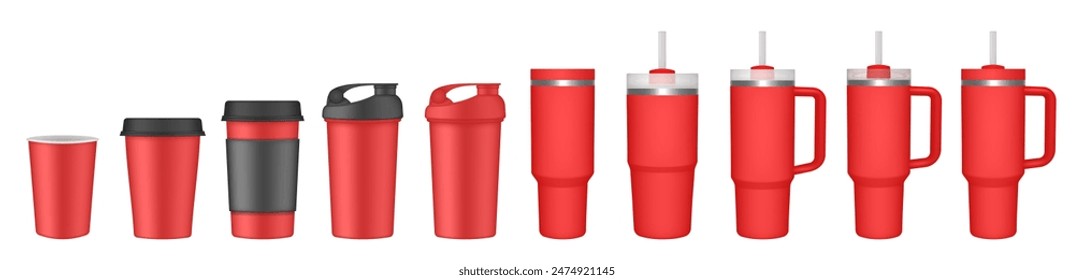 Thermo cup with handle and straw. 20, 30, 40 oz. Travel thermos. Set of red mugs. Tumbler. Sport shaker,. Paper cup with plastic lid and cupholder