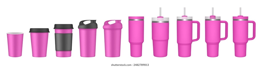 Thermo cup with handle and straw. 20, 30, 40 oz. Travel thermos. Set of pink mugs. Tumbler. Sport shaker,. Paper cup with plastic lid and cupholder