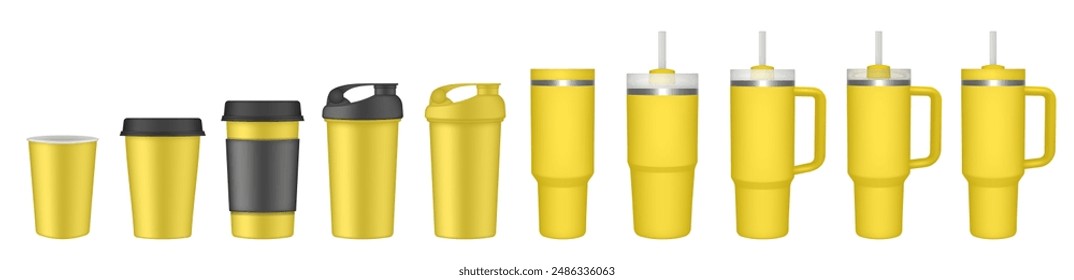 Thermo cup with handle and straw. 20, 30, 40 oz. Travel thermos. Set of yellow mugs. Tumbler. Sport shaker,. Paper cup with plastic lid and cupholder	