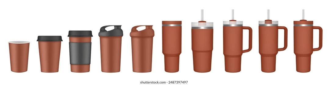 Thermo cup with handle and straw. 20, 30, 40 oz. Travel thermos. Set of brown mugs. Tumbler. Sport shaker,. Paper cup with plastic lid and cupholder	