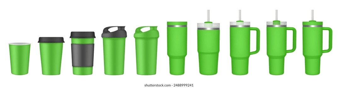 Thermo cup with handle and straw. 20, 30, 40 oz. Travel thermos. Set of neon green mugs. Tumbler. Sport shaker,. Paper cup with plastic lid and cupholder	