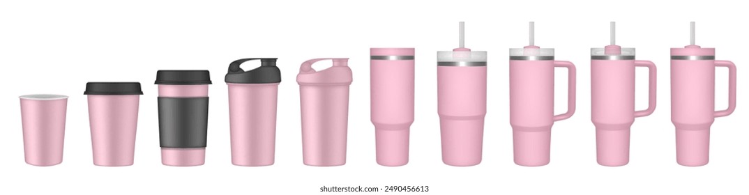 Thermo cup with handle and straw. 20, 30, 40 oz. Travel thermos. Set of light pink mugs. Tumbler. Sport shaker,. Paper cup with plastic lid and cupholder	
