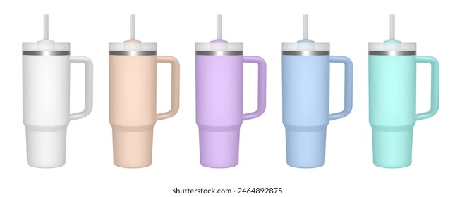 Thermo cup with handle and straw. 30 oz. 3d mockup of a travel thermos. Set of white, beige, violet, green and blue mugs. Tumbler template. White lid