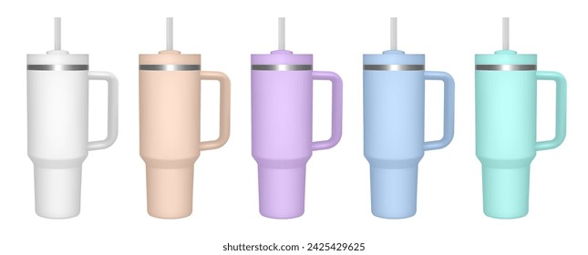 Thermo cup with handle and straw. 3d mockup of a travel thermos. Set of white, beige, violet, green and blue mugs. Tumbler template