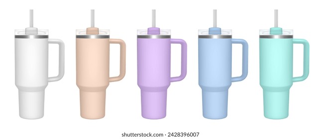 Thermo cup with handle and straw. 3d mockup of a travel thermos. Set of white, beige, violet, green and blue mugs. Tumbler template. Transparent lid