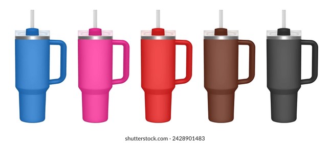 Thermo cup with handle and straw. 3d mockup of a travel thermos. Set of blue, pink, red, brown and black mugs. Tumbler template. Transparent lid