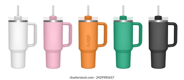 Thermo cup with handle and straw. 3d mockup of a travel thermos. Set of white, pink, orange, green and black mugs. Tumbler template. Transparent lid