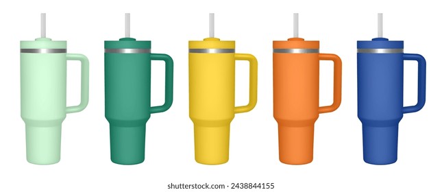 Thermo cup with handle and straw. 3d mockup of a travel thermos. Set of green, yellow, orange and blue mugs. Tumbler template. Transparent lid	