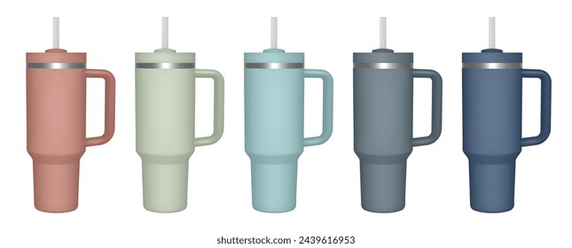 Thermo cup with handle and straw. 3d mockup of a travel thermos. Set of green, brown, gray and blue mugs. Tumbler template