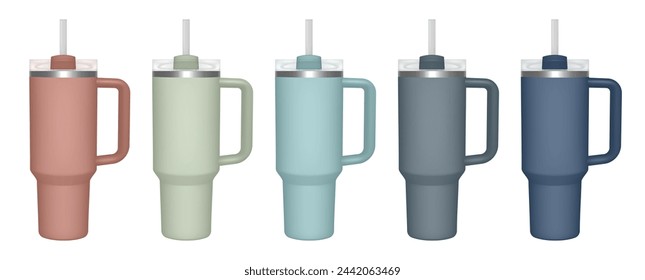 Thermo cup with handle and straw. 3d mockup of a travel thermos. Set of green, brown, gray and blue mugs. Tumbler template. Transparent lid