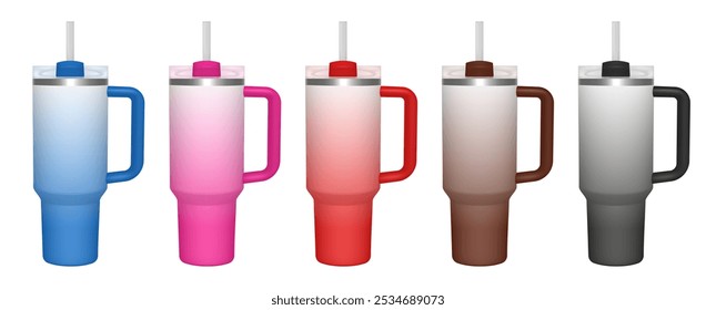 Thermo cup with handle and straw. 3d mockup of a travel thermos. Set of blue, pink, red, brown and black mugs. Tumbler template. Transparent lid. Gradient colors