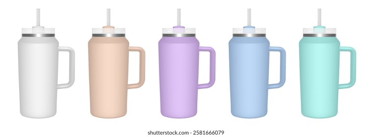 Thermo cup with handle and straw. 64 oz. 3d mockup of a travel thermos. Set of white, beige, violet, green and blue mugs. Tumbler template. White lid	