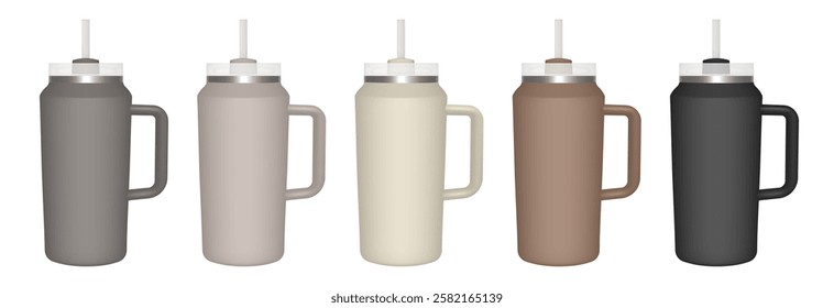 Thermo cup with handle and straw. 64 oz. 3d mockup of a travel thermos. Set of gray, beige, brown  and black mugs. Tumbler template. White lid	