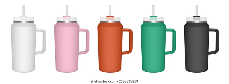 Thermo cup with handle and straw. 64 oz. 3d mockup of a travel thermos. Set of white, pink, orange, green and black mugs. Tumbler template. White lid	