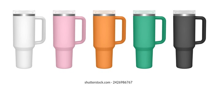 Thermo cup with handle and transparent lid. 3d mockup of a travel thermos. Set of white, pink, orange, green and black mugs. Tumbler template	