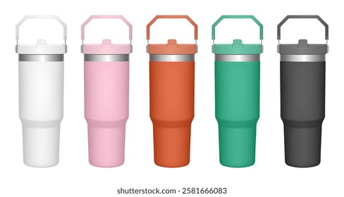 Thermo cup with handle and transparent lid. 30 oz. 3d mockup of a travel thermos. Set of white, pink, orange, green and black mugs. Tumbler template