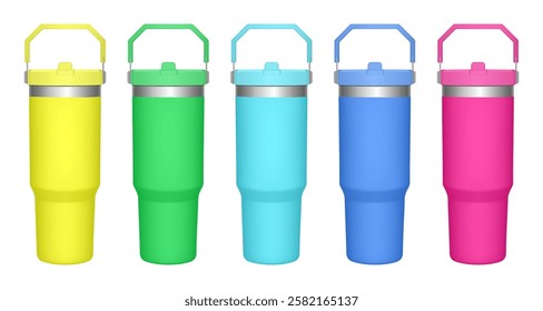 Thermo cup with handle and transparent lid. 30 oz. 3d mockup of a travel thermos. Set of neon yellow, green, blue and pink mugs. Tumbler template	