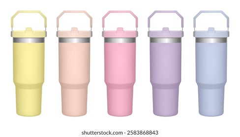 Thermo cup with handle and transparent lid. 30 oz. 3d mockup of a travel thermos. Set of yellow, peach, pink, violet and gray blue mugs. Tumbler template	