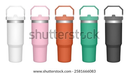 Thermo cup with handle and transparent lid. 30 oz. 3d mockup of a travel thermos. Set of white, pink, orange, green and black mugs. Tumbler template