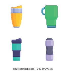 Thermo Cup Icons Set Cartoon Vektor. Thermobecher und Thermoskanne. Termo Behälter für warmes Getränk