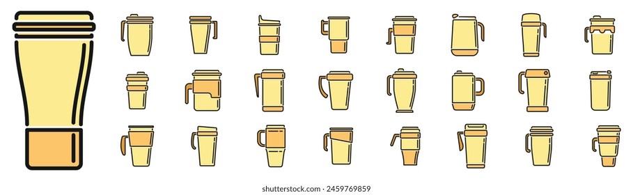 Thermo cup icons set outline vector. Coffee cup. Cap beverage thin line color flat on white