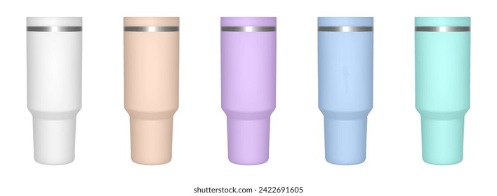 Thermo cup with lid. 3d mockup of a travel tumbler. Set of white, beige, purple, blue and mint green mugs. Thermos template