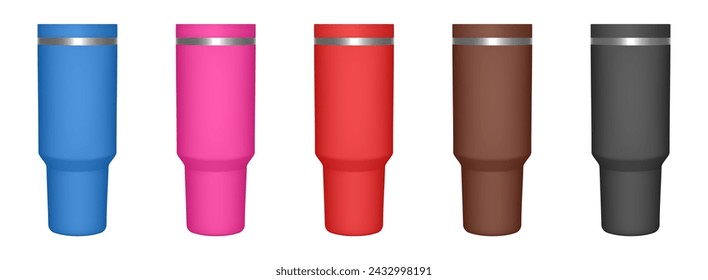 Thermo cup with lid. 3d mockup of a travel tumbler. Set of blue, pink, red, brown and black mugs. Thermos template