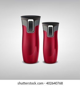 Thermo Cup. Realistic vector illustration. Mug for hot drinks to go. Fashionable red mug. Heat preservation. Fashion accessory.
