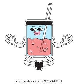 Thermo cup or reusable glass cup for take away bubble tea or lemonade. Creative cartoon abstract character for sticker pack. Reusable and sustainable lifestyle funny 90s comic vector illustration.