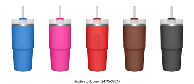 Thermo cup with straw. 20 oz. 3d mockup of a travel thermos. Set of blue, pink, red, blue and black mugs. Tumbler template. White lid