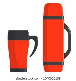 Thermo cup, travel mug, thermos isolated on white background. Modern thermoses for hot drinks, set. Flasks of different shapes. Modern Vector illustration in flat style