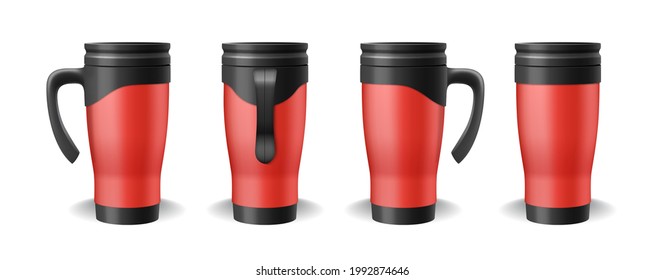 Thermo cup, travel mug, thermos in red and black realistic isolated on white background. Office or car mugs set for hot tea and coffee. Vector illustration