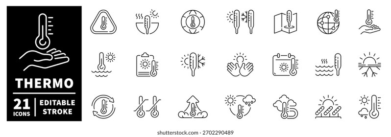 Conjunto de iconos termo. iconos de línea editables, clima, temperatura y símbolos de Clima