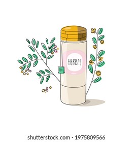 Thermo mug with herbal tea. Reusable cup for hot drinks. Tumbler with wood cover. Natural eco friendly products. Vector hand drawn illustration.