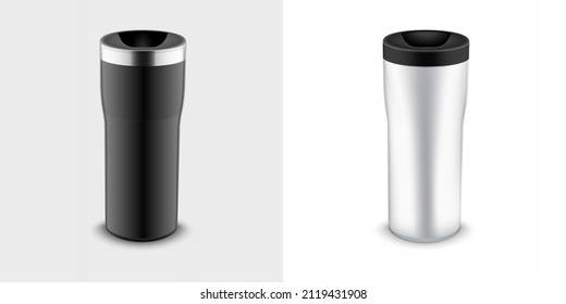 Thermo mug mockup coffee thermal travel cup bottle. Thermo mug container vector design