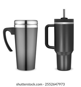 Thermo mug mockup hot drink travel cup vector illustration. Stainless still tumbler with handle template. Hot coffee or tea metallic thermos set isolated on white background