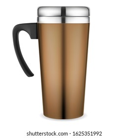 Thermo mug mockup. Travel coffee cup. Vacuum insulated metal flask with plastic handle for corporate branding. Shiny silver steel lid template for hot tea
