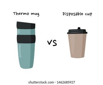 Thermo mug vs disposable cup for hot drinks. Zero waste concept. Ecological poster.