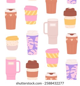 Thermo mugs seamless pattern. Reusable cups and thermos, decorative tumbler for hiking and camp tourism. Stylish racy vector printable design