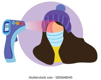 Thermo scan checkpoint and Young woman character. Measuring the temperature of a woman with Digital contactless thermometer with infrared light.