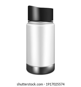 Thermo water bottle, realistic vector mockup. Sports flask. Stainless steel travel mug, mock-up. Template for design.