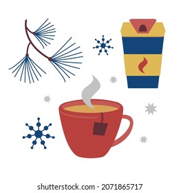 Thermocup for hot drinks to go and Cup of tea or coffee. Tea bags and dishes for Winter picnic sport, walks, hikes and adventures. Flat simple vector illustration isolated on white background