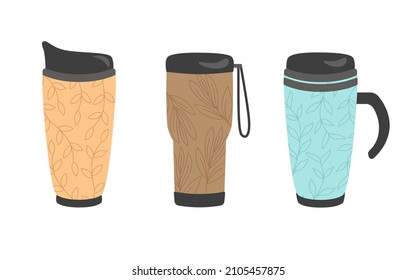 Thermocup is a reusable set with a plant print for the concept of zero waste. For hot drinks, coffee, tea, cocoa. Vector illustration in cartoon style.