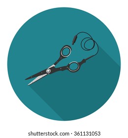 Thermocut,
thermo scissors, innovative haircut. Thermocut Hot Scissor System. Hairdresser Scissors tool icon. Cut symbol. Round circle flat icon with long shadow. Vector