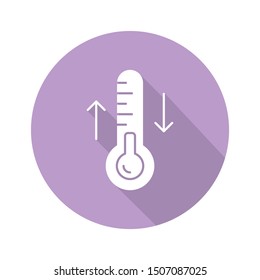 Thermodynamics violet flat design long shadow glyph icon. Temperature fluctuations. Thermal effects. Heating and cooling physical processes. Thermometer measurement. Vector silhouette illustration