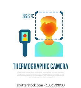 Thermographic Camera. Scan People's Temperature. Detection Of Covid-19.  Measurement Of Fever. Gradient Flat Icon, Vector Illustration.