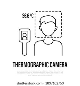 Thermographic camera. Scan people's temperature. Detection of covid-19.  Measurement of fever. Thin line icon, vector illustration.