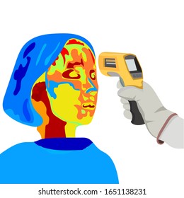 Thermographic illustration of a woman face and Infrared thermometer showing different temperatures  