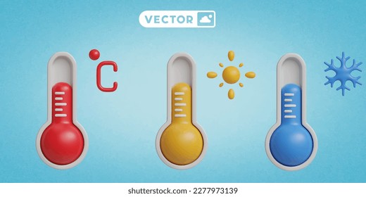 thermometer 3D vector icon set, on a blue background